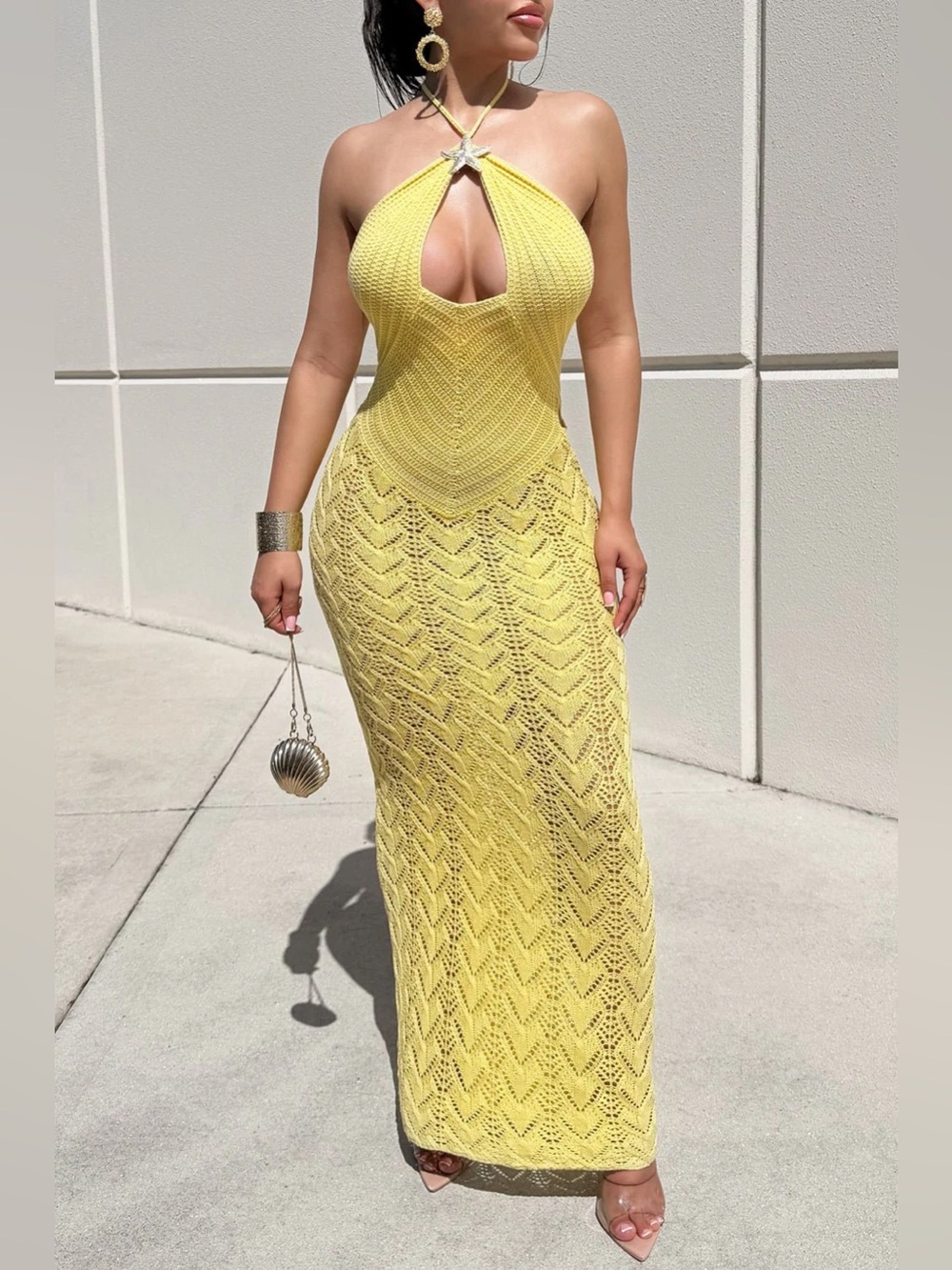 Banjul Star Bright Yellow Starfish Trim Crochet Knit Maxi Skirt